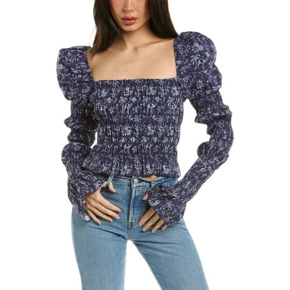 Caroline Constas Delilah Blue & White Camel Palm Tree Puff Sleeve Top Size XL